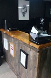 Countertop made from Burred slab Oak with live edges and finished with Danish oil.